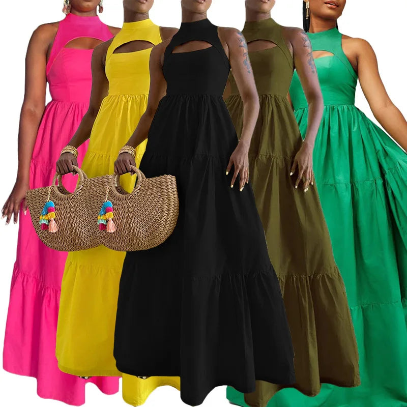 CM.YAYA Women Cutout Front Sleeveless Big Swing Floor Length Maxi Dress 2023 Autumn Street Evening Vestidos Sexy Party Dresses
