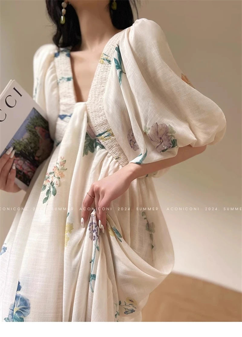 Vintage Fashion Printing Dress Cotton Linen Large Hem Loose Design V-neck Short Sleeves Women Dresses