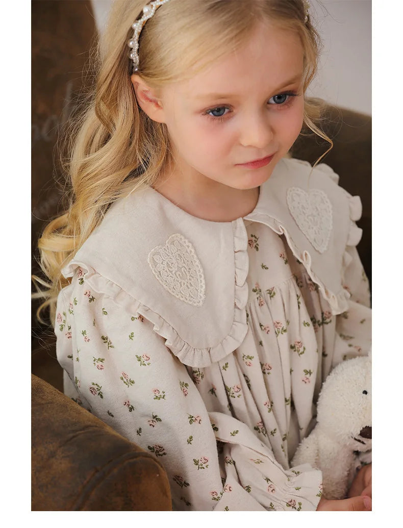 Spring Kids Baby Girls Sister Clothes Flower Print Princess Dress Autumn Baby Girls Doll Collar Dress Children Clothes Dress ﻿