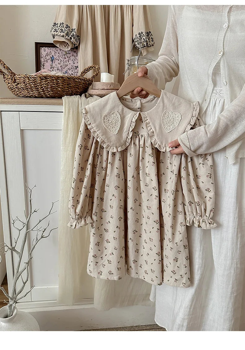 Spring Kids Baby Girls Sister Clothes Flower Print Princess Dress Autumn Baby Girls Doll Collar Dress Children Clothes Dress ﻿