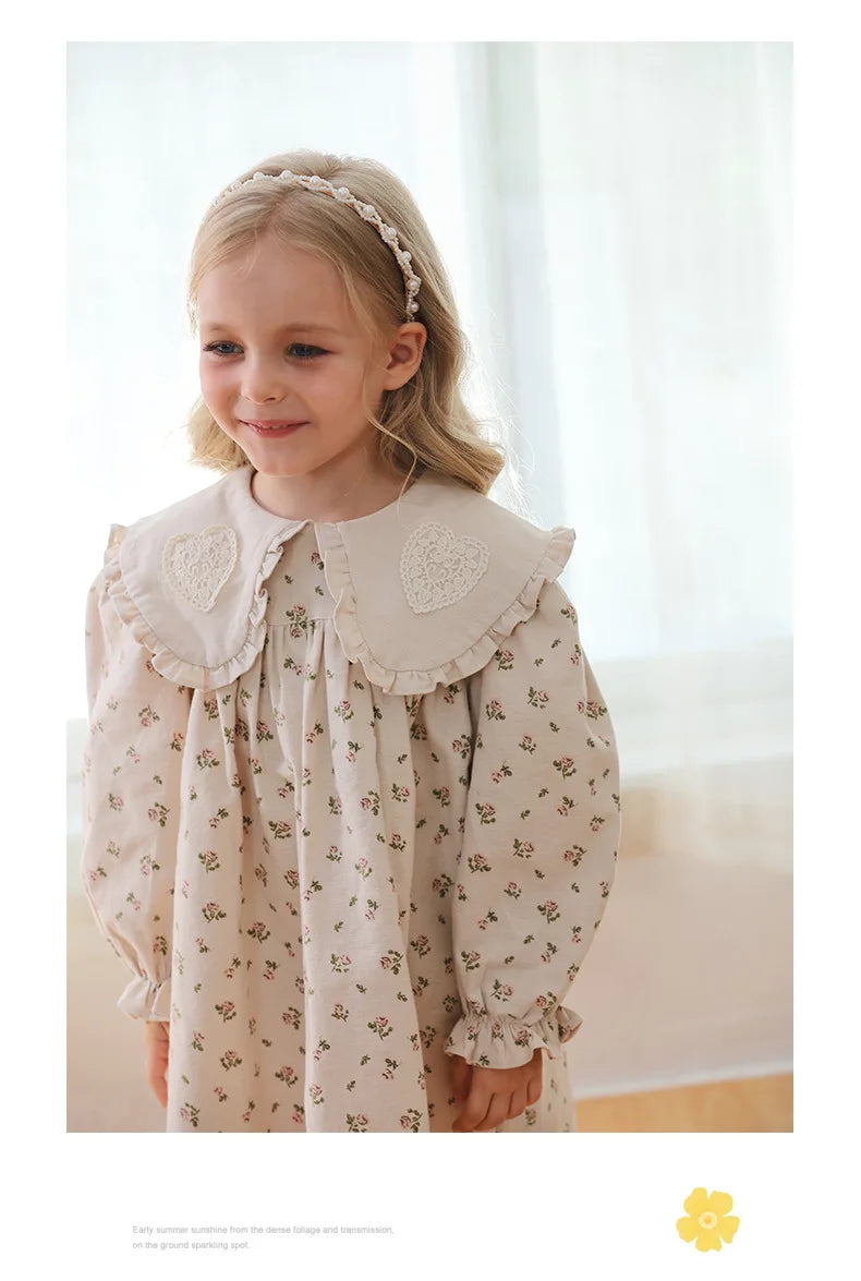 Spring Kids Baby Girls Sister Clothes Flower Print Princess Dress Autumn Baby Girls Doll Collar Dress Children Clothes Dress ﻿