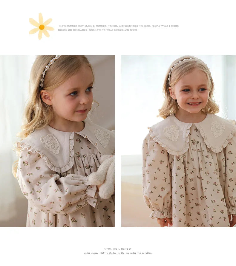 Spring Kids Baby Girls Sister Clothes Flower Print Princess Dress Autumn Baby Girls Doll Collar Dress Children Clothes Dress ﻿