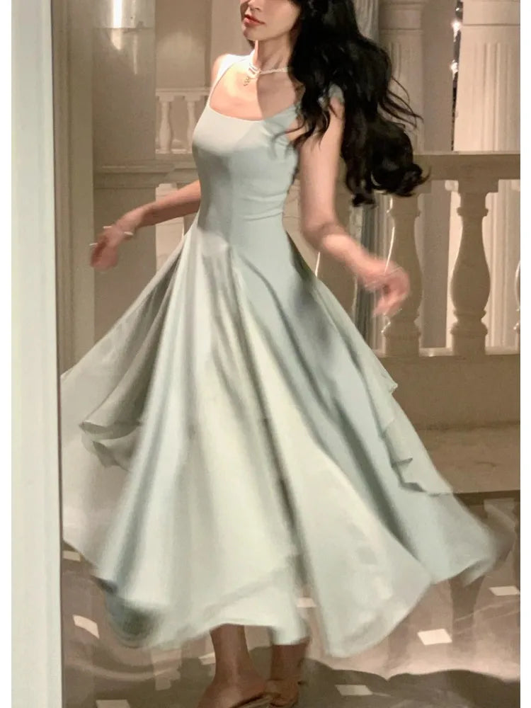 Women's Luxury Elegant Sleeveless Ruffles Square Collar Sheath Dresses 2024 Summer Fairy Slim Fit Solid Color Camisole Dress