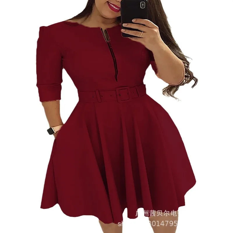 Women-New Autumn and Winter Dresses Round Neck Zipper Waist Mid-Length Sleeve Dress Temperament Commuting Swing Dress with Belt
