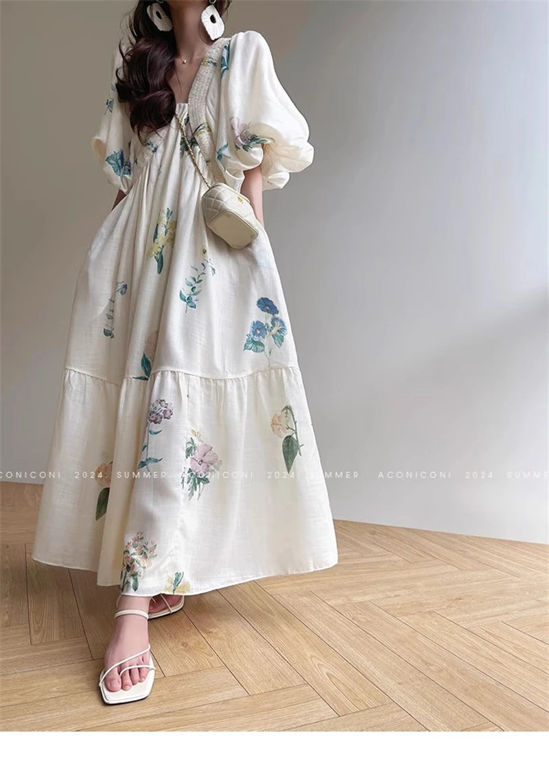 Vintage Fashion Printing Dress Cotton Linen Large Hem Loose Design V-neck Short Sleeves Women Dresses