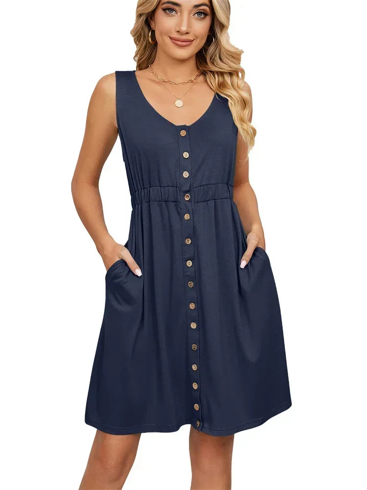 Vintage Elegant 2023 Summer Casual A-Line Womens Pullover Loose Pocket Dress Chic O-Neck Solid Sleeveless Long Dresses For Women