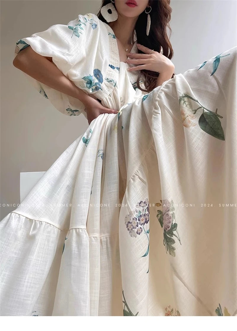 Vintage Fashion Printing Dress Cotton Linen Large Hem Loose Design V-neck Short Sleeves Women Dresses