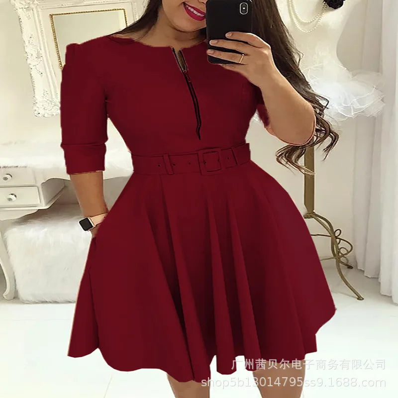 Women-New Autumn and Winter Dresses Round Neck Zipper Waist Mid-Length Sleeve Dress Temperament Commuting Swing Dress with Belt
