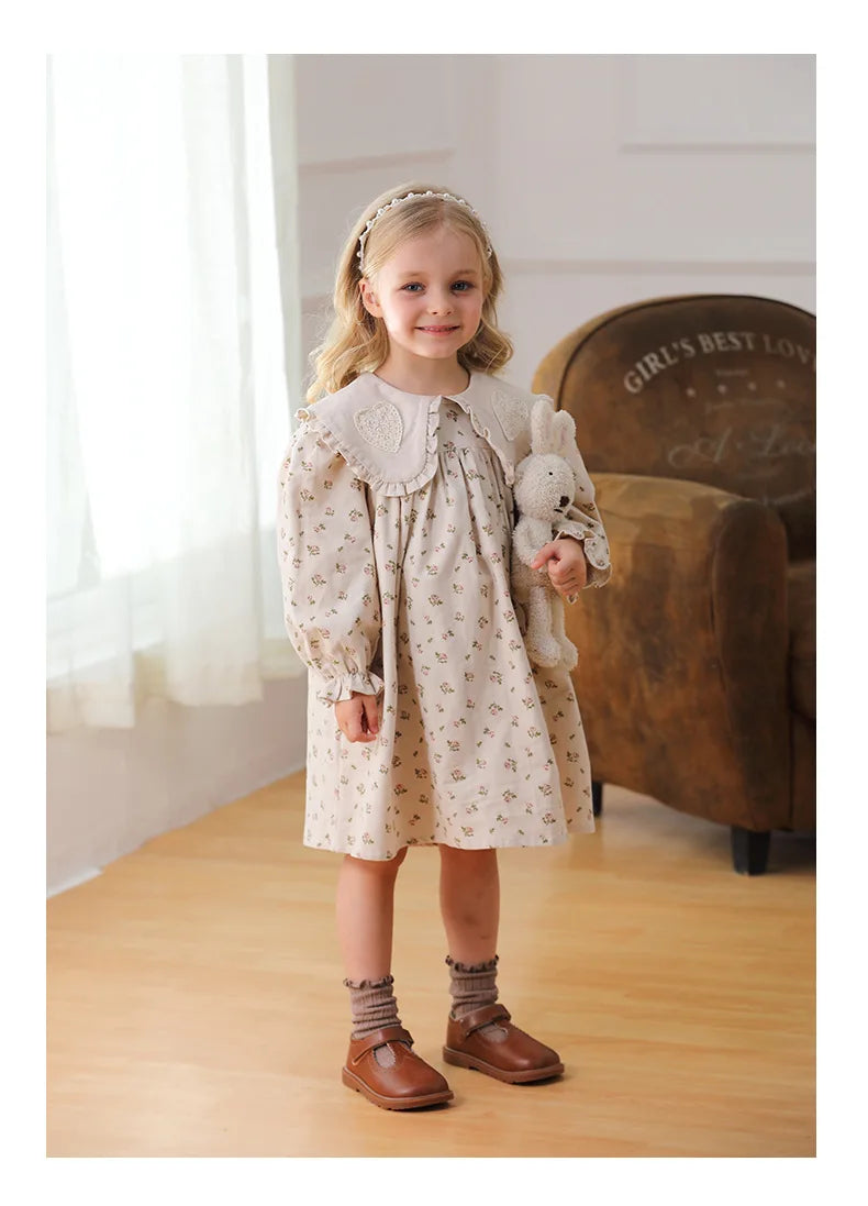 Spring Kids Baby Girls Sister Clothes Flower Print Princess Dress Autumn Baby Girls Doll Collar Dress Children Clothes Dress ﻿