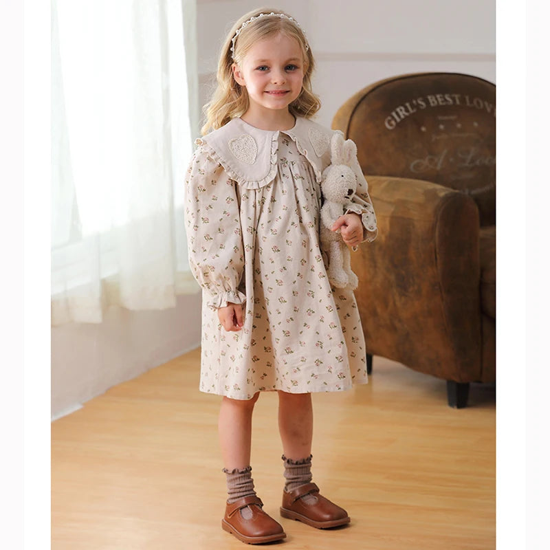 Spring Kids Baby Girls Sister Clothes Flower Print Princess Dress Autumn Baby Girls Doll Collar Dress Children Clothes Dress ﻿