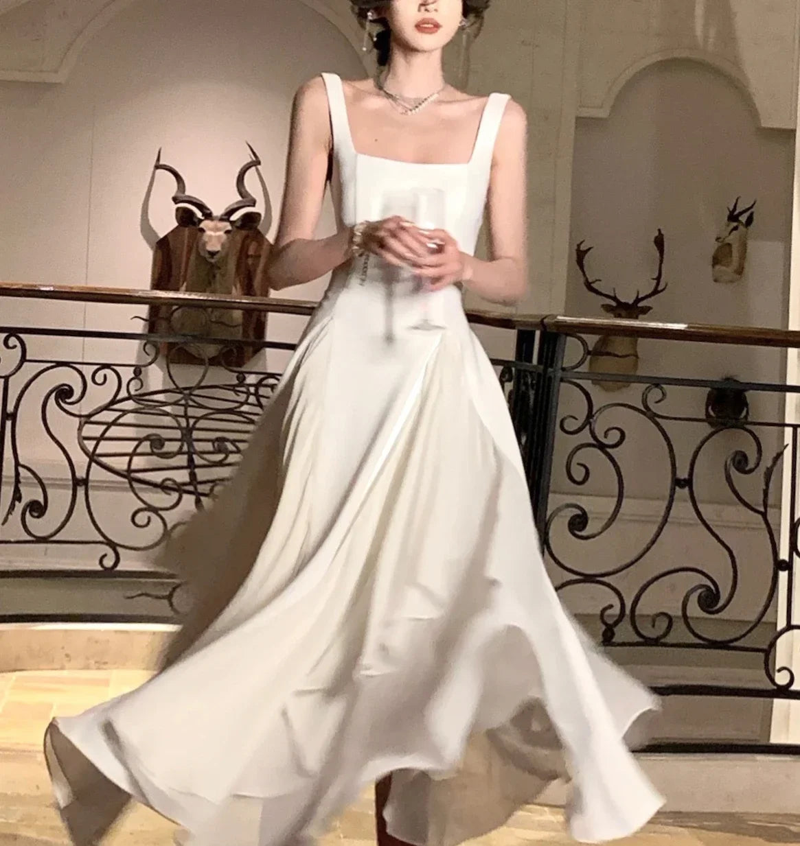 Women's Luxury Elegant Sleeveless Ruffles Square Collar Sheath Dresses 2024 Summer Fairy Slim Fit Solid Color Camisole Dress