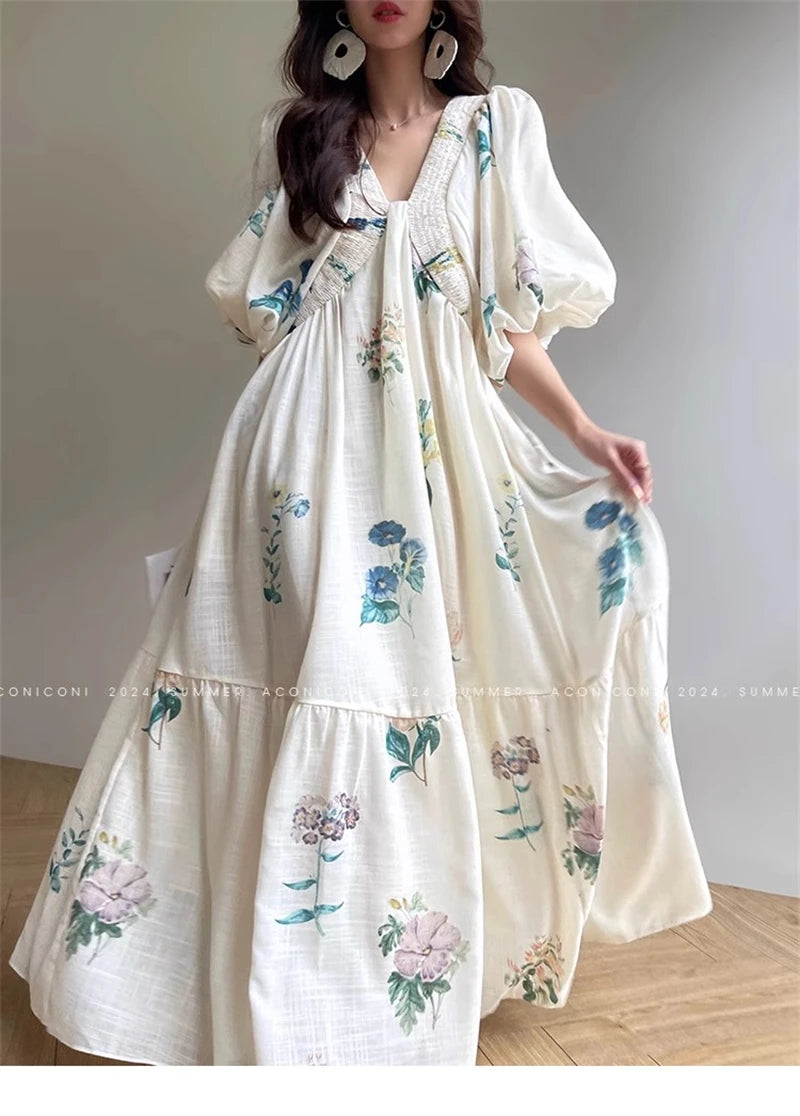 Vintage Fashion Printing Dress Cotton Linen Large Hem Loose Design V-neck Short Sleeves Women Dresses