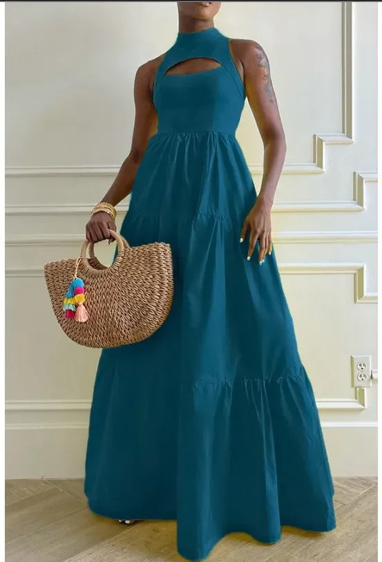 CM.YAYA Women Cutout Front Sleeveless Big Swing Floor Length Maxi Dress 2023 Autumn Street Evening Vestidos Sexy Party Dresses