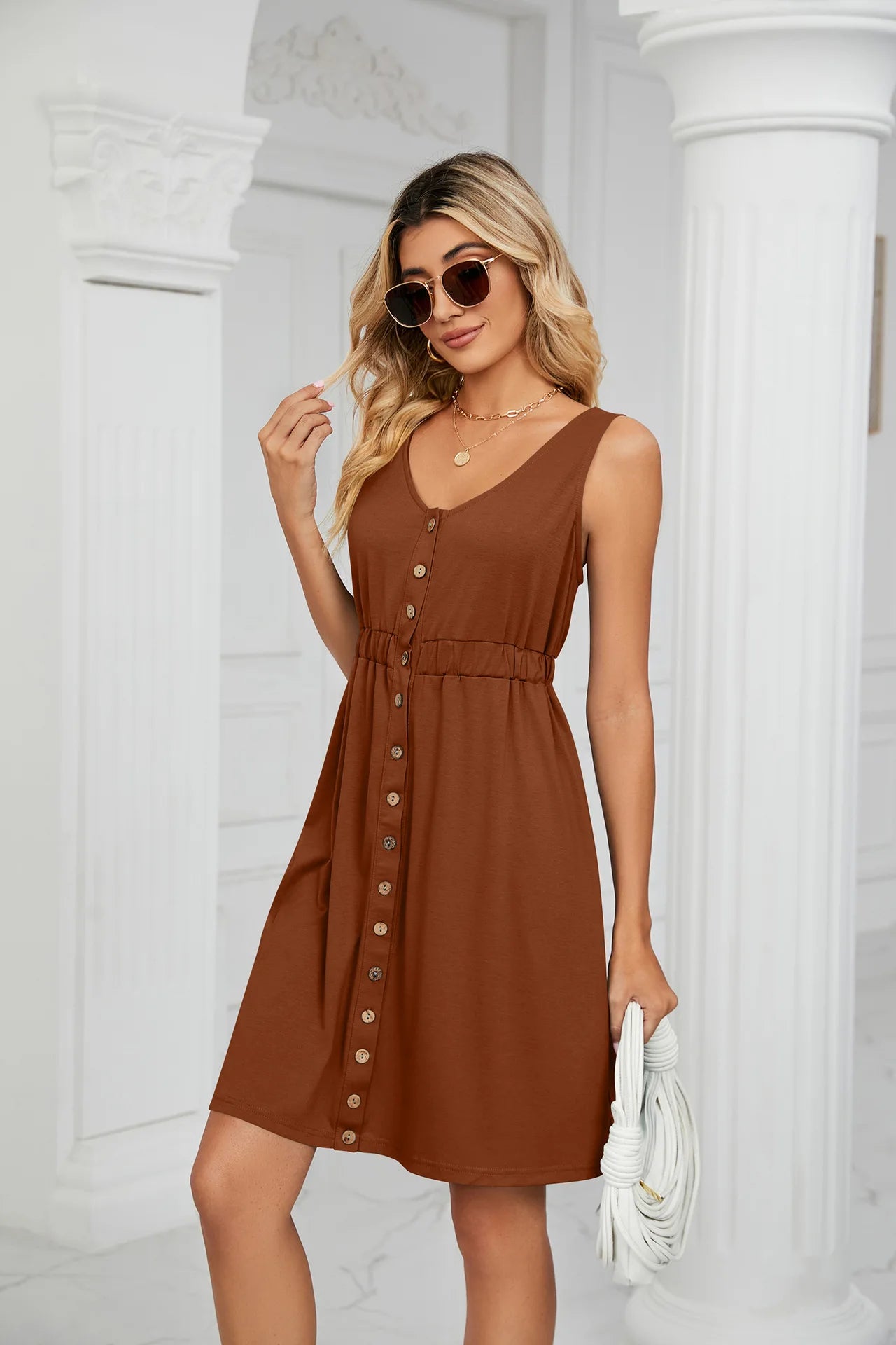 Vintage Elegant 2023 Summer Casual A-Line Womens Pullover Loose Pocket Dress Chic O-Neck Solid Sleeveless Long Dresses For Women