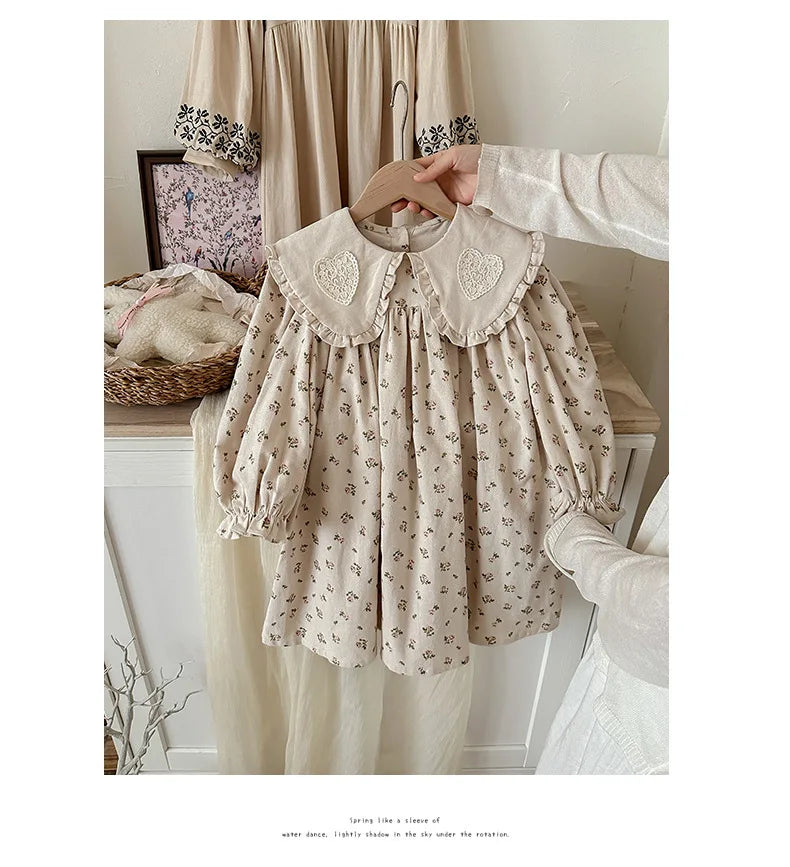 Spring Kids Baby Girls Sister Clothes Flower Print Princess Dress Autumn Baby Girls Doll Collar Dress Children Clothes Dress ﻿