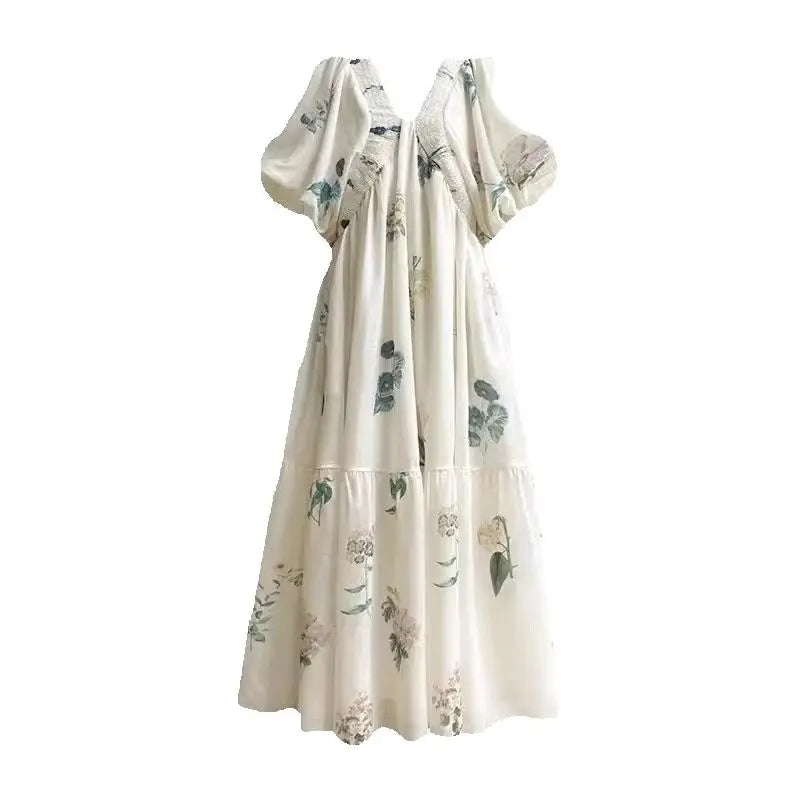 Vintage Fashion Printing Dress Cotton Linen Large Hem Loose Design V-neck Short Sleeves Women Dresses