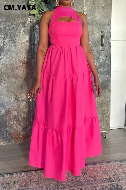 CM.YAYA Women Cutout Front Sleeveless Big Swing Floor Length Maxi Dress 2023 Autumn Street Evening Vestidos Sexy Party Dresses