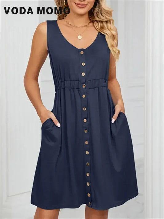 Vintage Elegant 2023 Summer Casual A-Line Womens Pullover Loose Pocket Dress Chic O-Neck Solid Sleeveless Long Dresses For Women