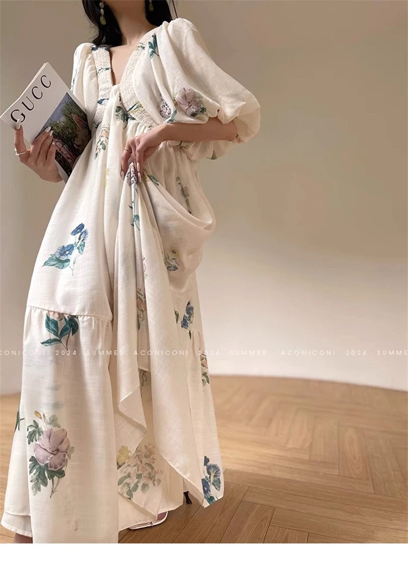 Vintage Fashion Printing Dress Cotton Linen Large Hem Loose Design V-neck Short Sleeves Women Dresses