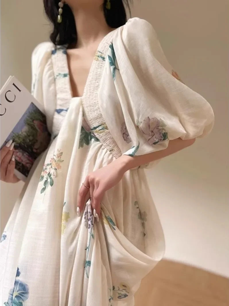 Vintage Fashion Printing Dress Cotton Linen Large Hem Loose Design V-neck Short Sleeves Women Dresses