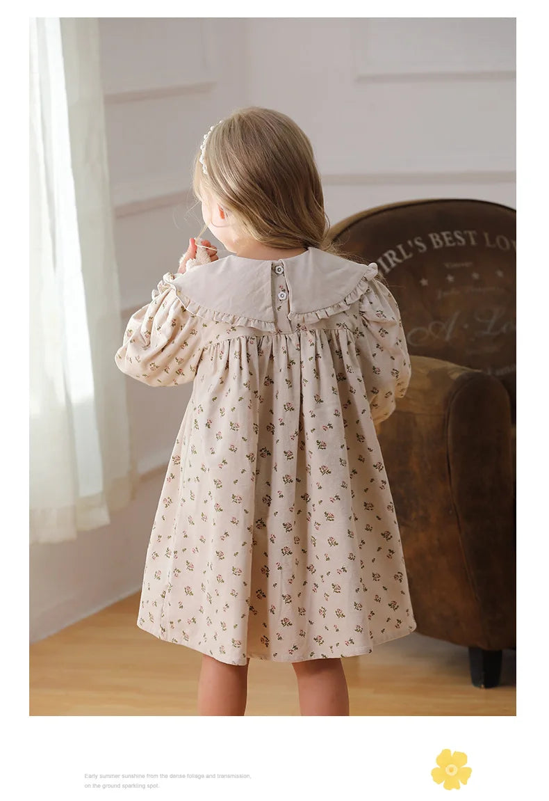 Spring Kids Baby Girls Sister Clothes Flower Print Princess Dress Autumn Baby Girls Doll Collar Dress Children Clothes Dress ﻿