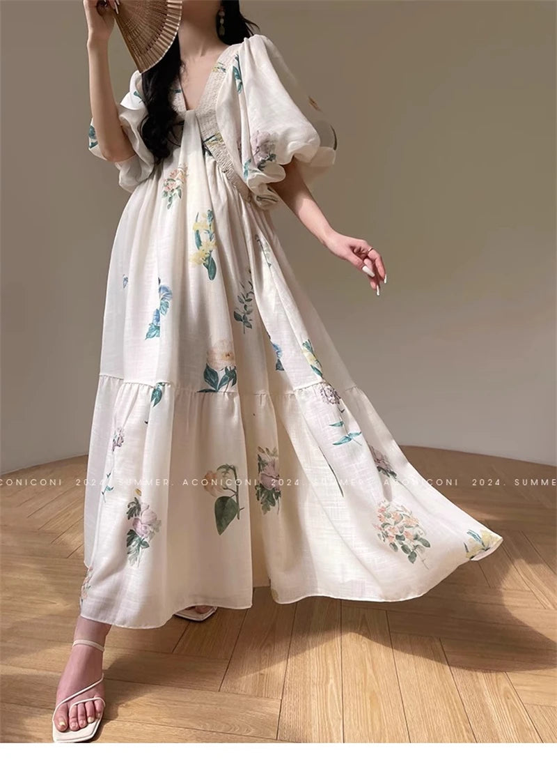 Vintage Fashion Printing Dress Cotton Linen Large Hem Loose Design V-neck Short Sleeves Women Dresses