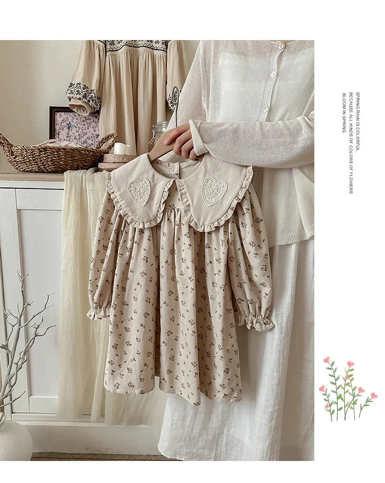 Spring Kids Baby Girls Sister Clothes Flower Print Princess Dress Autumn Baby Girls Doll Collar Dress Children Clothes Dress ﻿