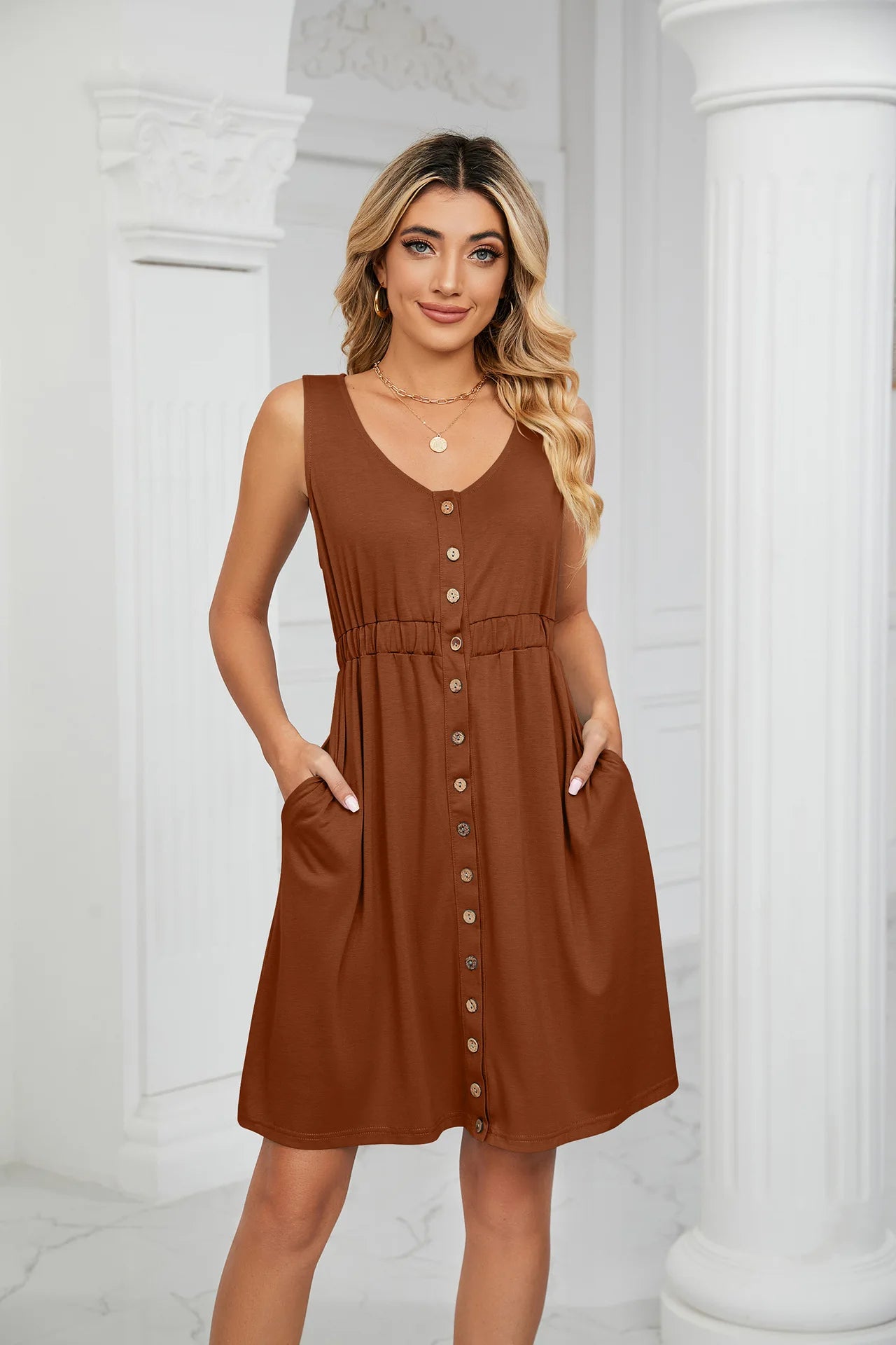 Vintage Elegant 2023 Summer Casual A-Line Womens Pullover Loose Pocket Dress Chic O-Neck Solid Sleeveless Long Dresses For Women
