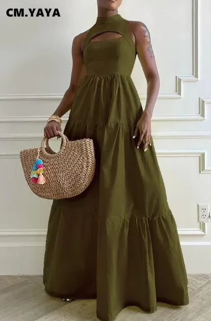 CM.YAYA Women Cutout Front Sleeveless Big Swing Floor Length Maxi Dress 2023 Autumn Street Evening Vestidos Sexy Party Dresses
