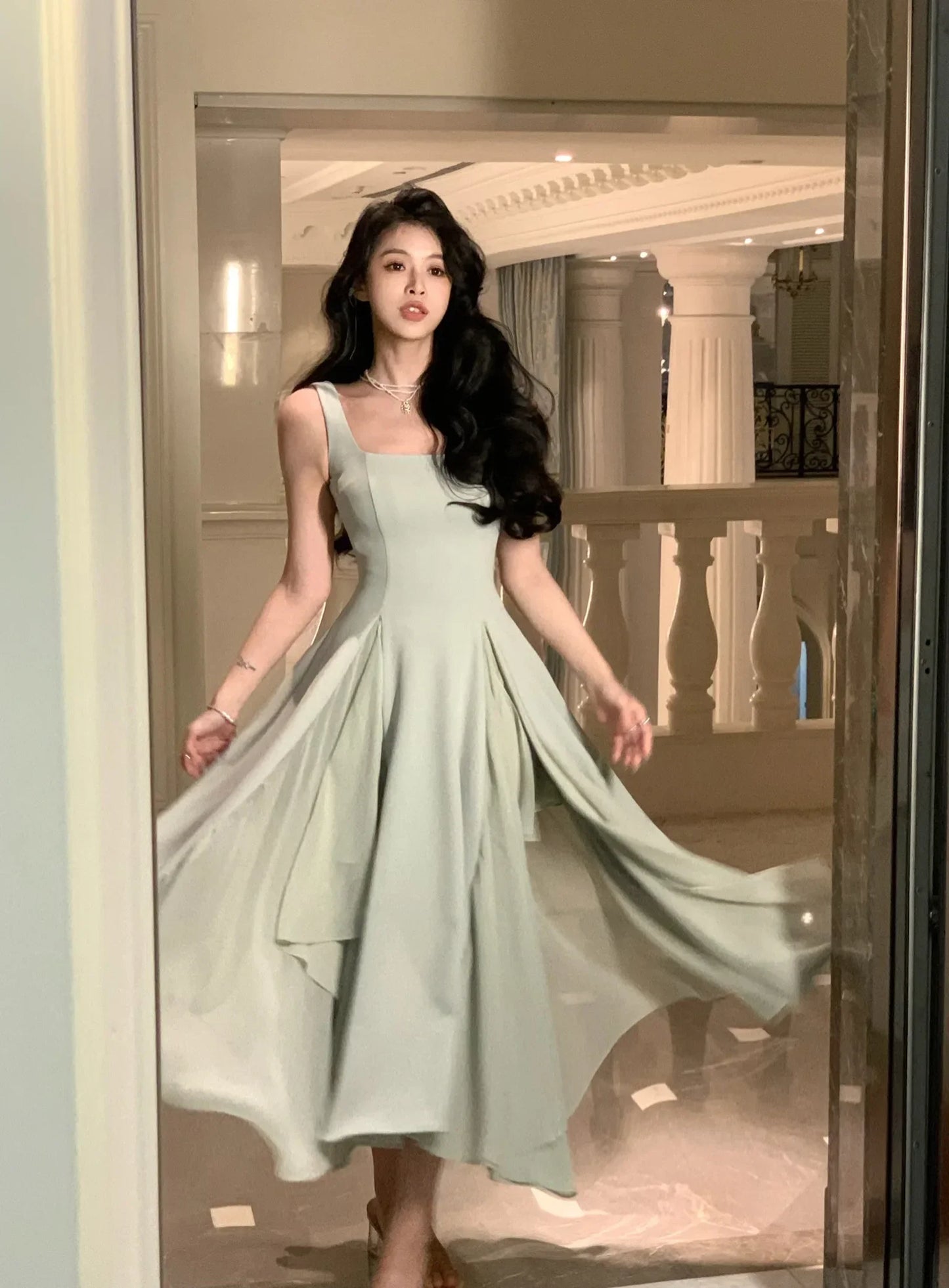 Women's Luxury Elegant Sleeveless Ruffles Square Collar Sheath Dresses 2024 Summer Fairy Slim Fit Solid Color Camisole Dress