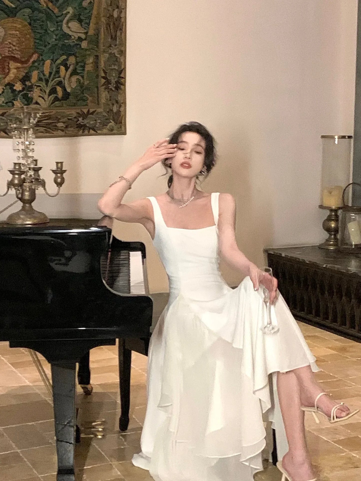 Women's Luxury Elegant Sleeveless Ruffles Square Collar Sheath Dresses 2024 Summer Fairy Slim Fit Solid Color Camisole Dress