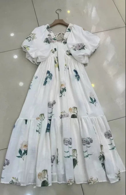 Vintage Fashion Printing Dress Cotton Linen Large Hem Loose Design V-neck Short Sleeves Women Dresses