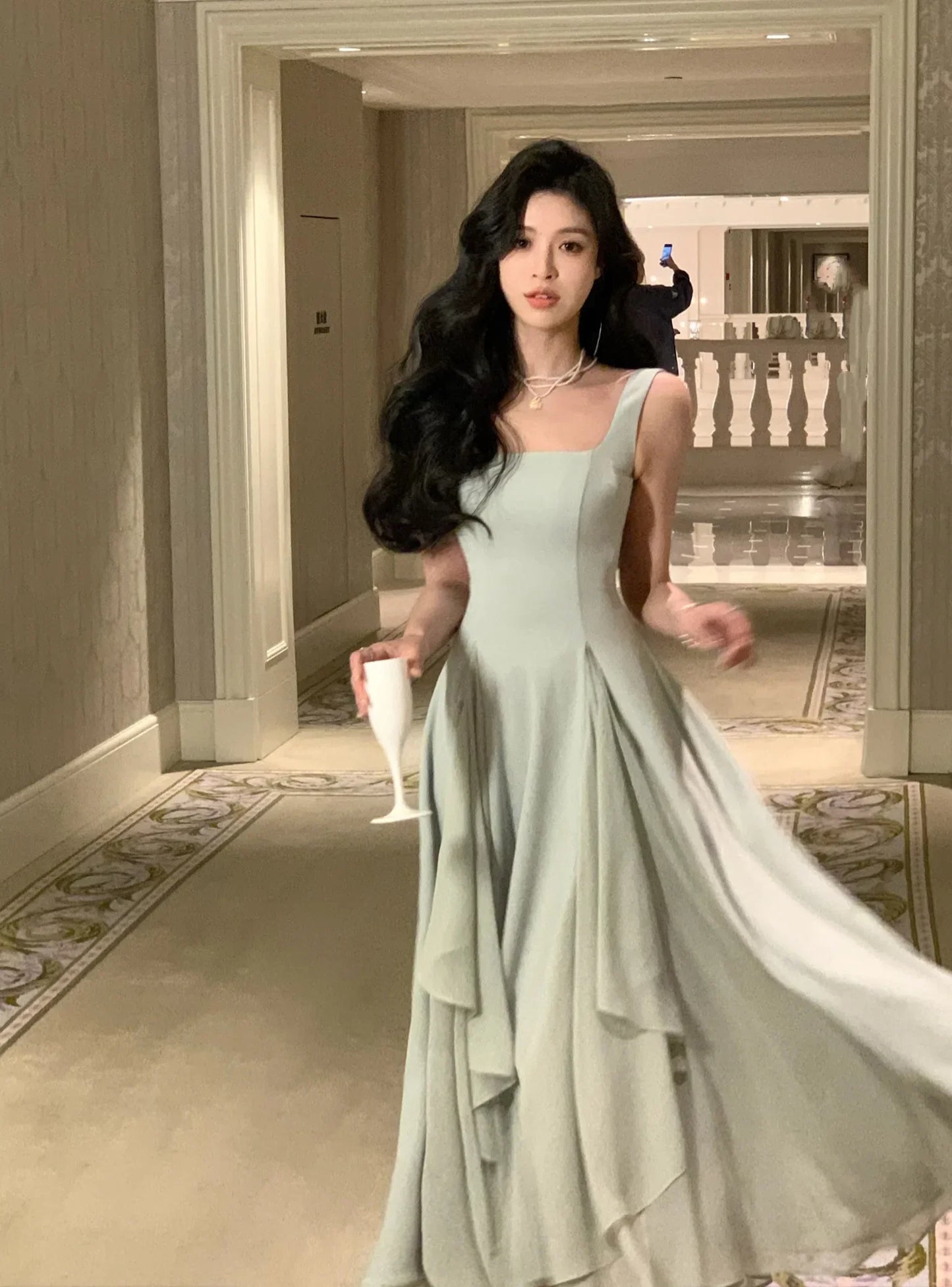 Women's Luxury Elegant Sleeveless Ruffles Square Collar Sheath Dresses 2024 Summer Fairy Slim Fit Solid Color Camisole Dress