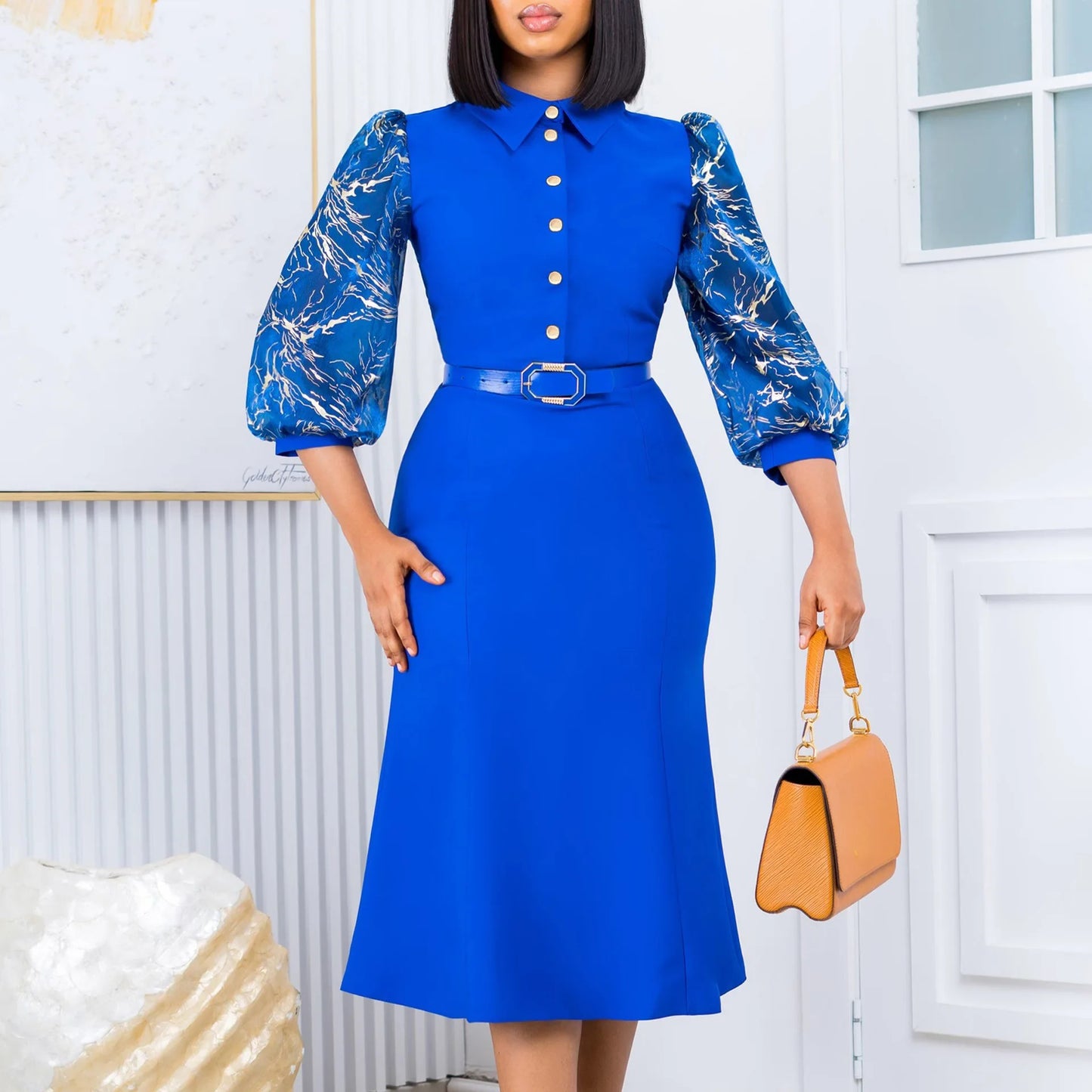 Elegant Office Dresses For Women Turn Down Collar Single Breasted Three Quarter Sleeve Belt Waisted Mermaid Dress Midi Clothes
