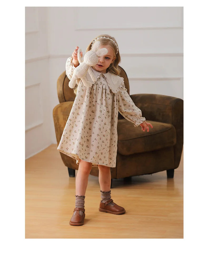 Spring Kids Baby Girls Sister Clothes Flower Print Princess Dress Autumn Baby Girls Doll Collar Dress Children Clothes Dress ﻿