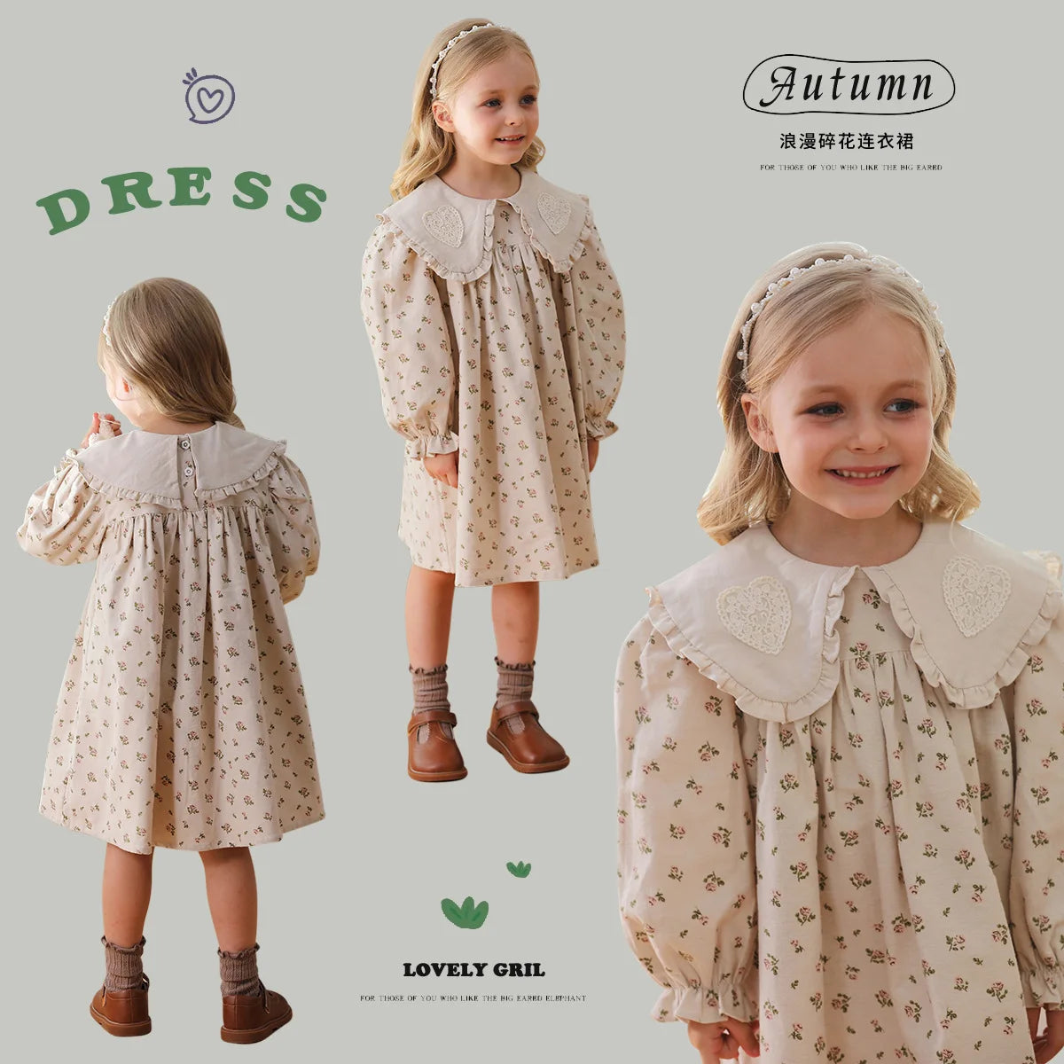 Spring Kids Baby Girls Sister Clothes Flower Print Princess Dress Autumn Baby Girls Doll Collar Dress Children Clothes Dress ﻿