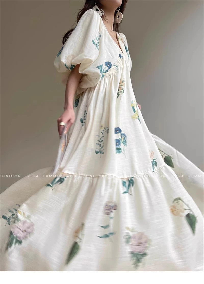 Vintage Fashion Printing Dress Cotton Linen Large Hem Loose Design V-neck Short Sleeves Women Dresses