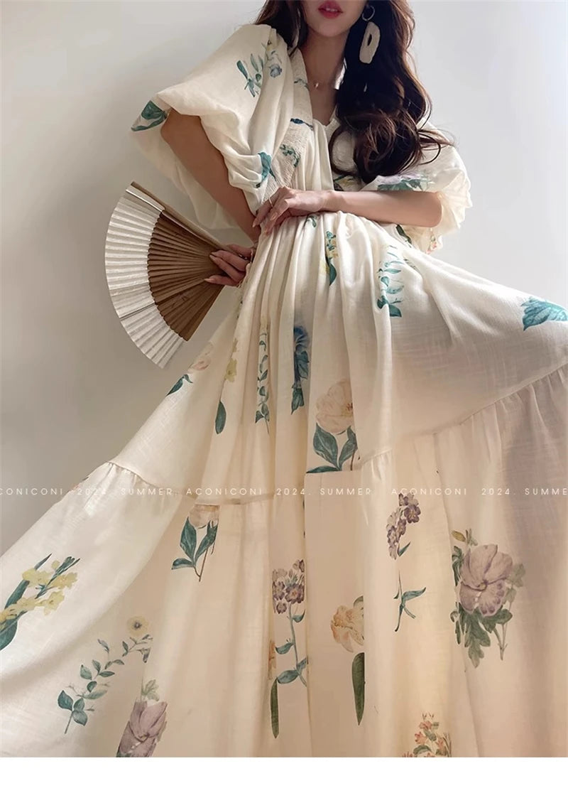 Vintage Fashion Printing Dress Cotton Linen Large Hem Loose Design V-neck Short Sleeves Women Dresses