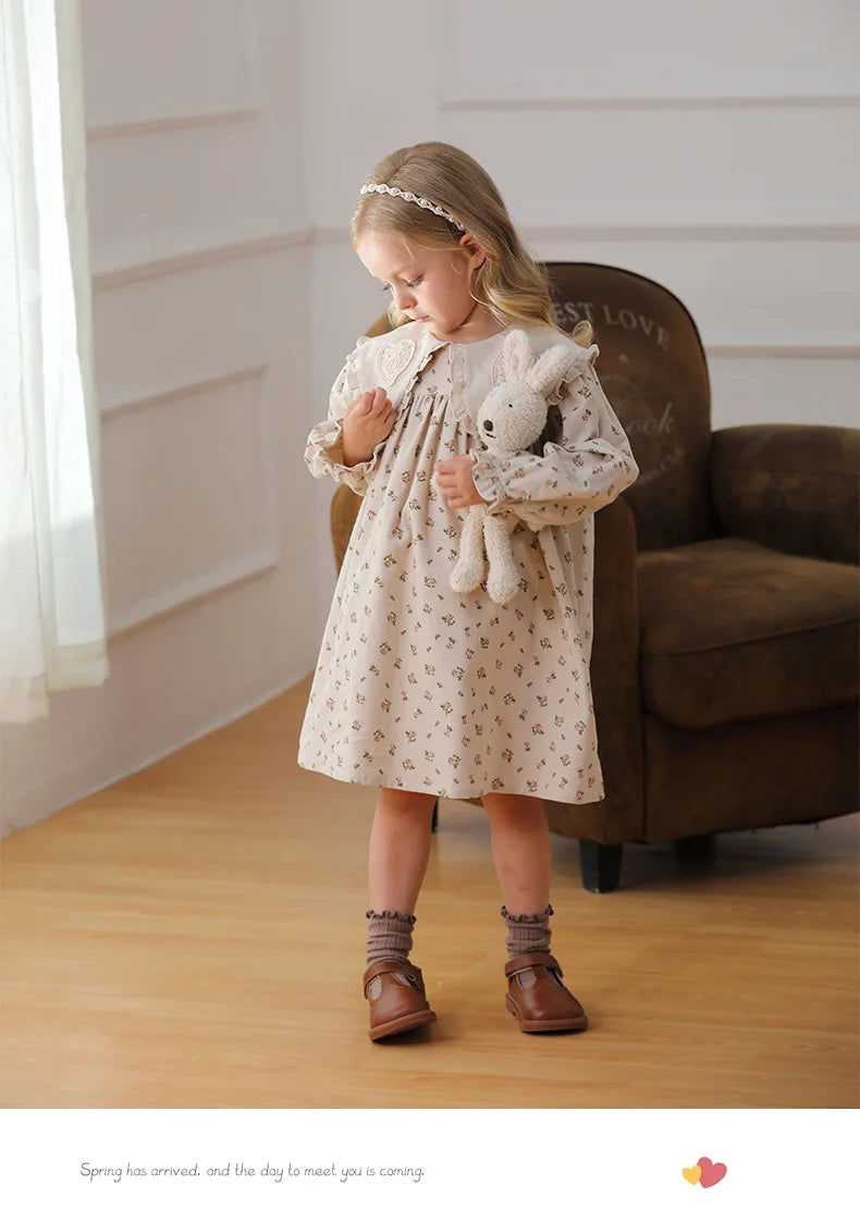 Spring Kids Baby Girls Sister Clothes Flower Print Princess Dress Autumn Baby Girls Doll Collar Dress Children Clothes Dress ﻿