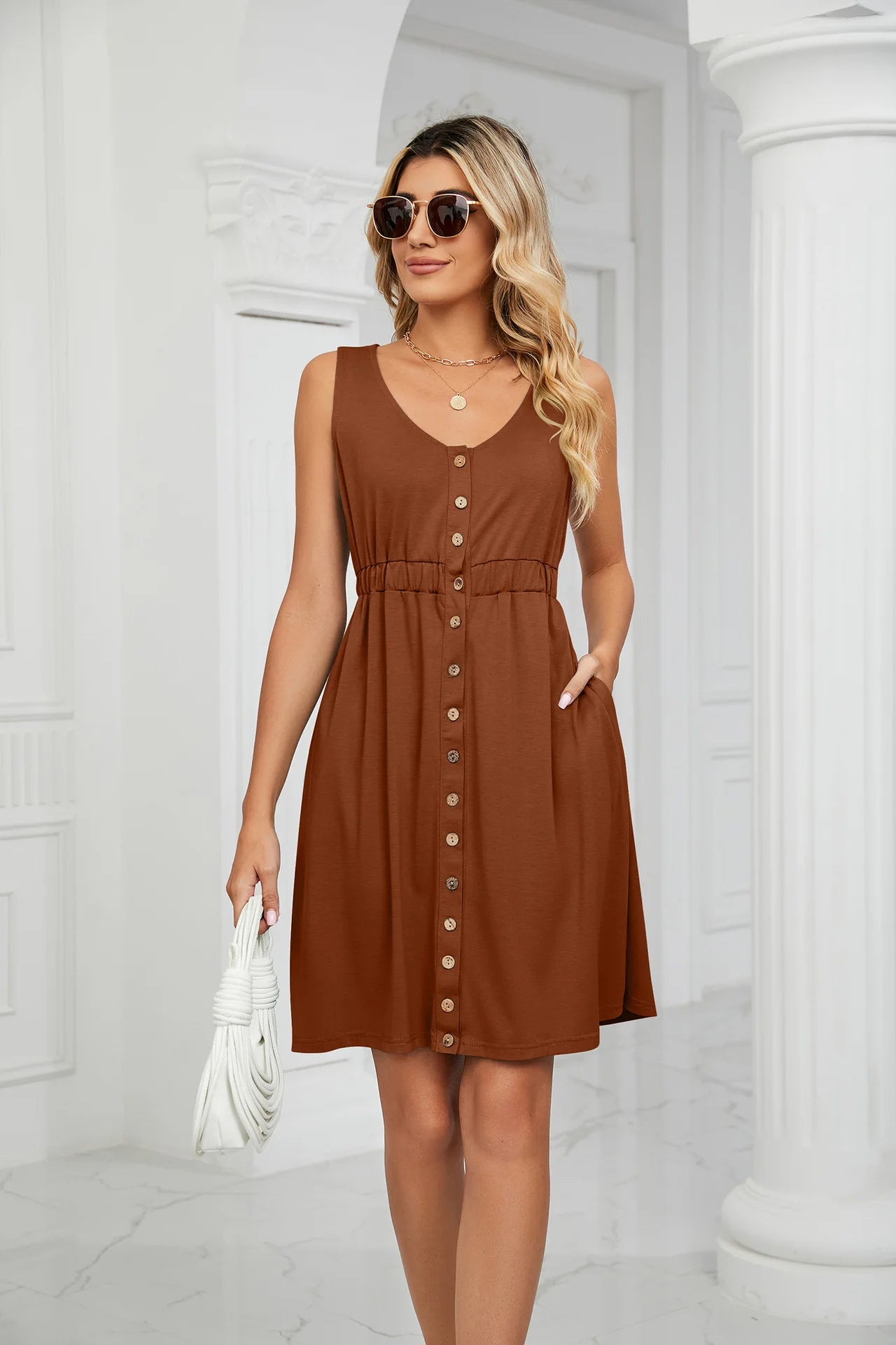 Vintage Elegant 2023 Summer Casual A-Line Womens Pullover Loose Pocket Dress Chic O-Neck Solid Sleeveless Long Dresses For Women