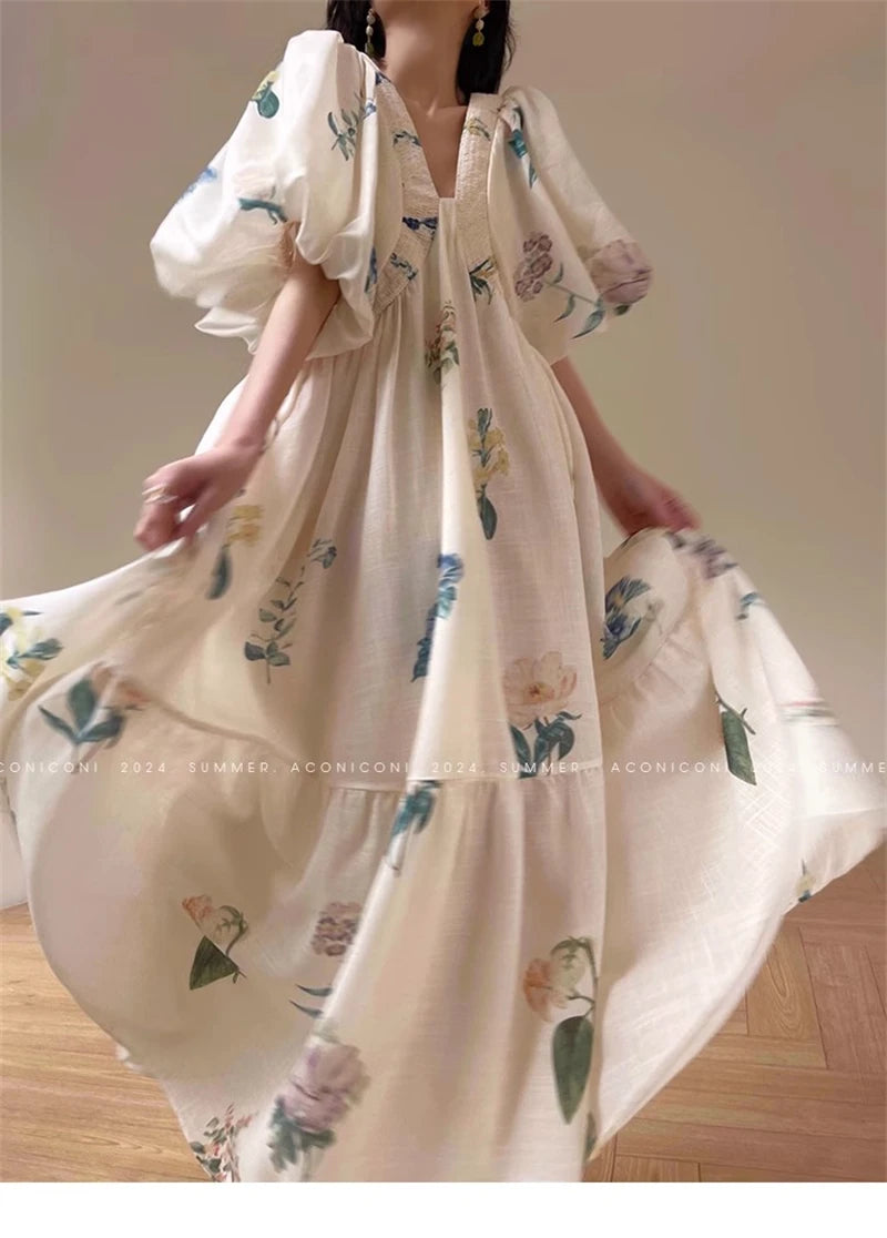 Vintage Fashion Printing Dress Cotton Linen Large Hem Loose Design V-neck Short Sleeves Women Dresses