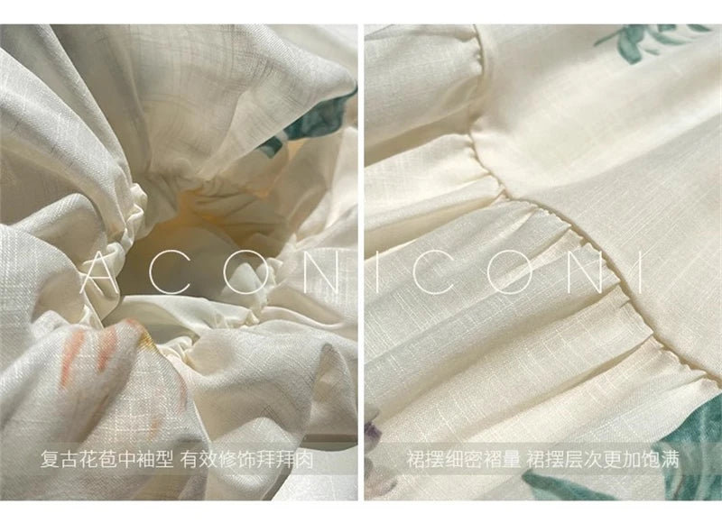Vintage Fashion Printing Dress Cotton Linen Large Hem Loose Design V-neck Short Sleeves Women Dresses
