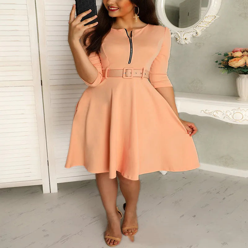 Women-New Autumn and Winter Dresses Round Neck Zipper Waist Mid-Length Sleeve Dress Temperament Commuting Swing Dress with Belt