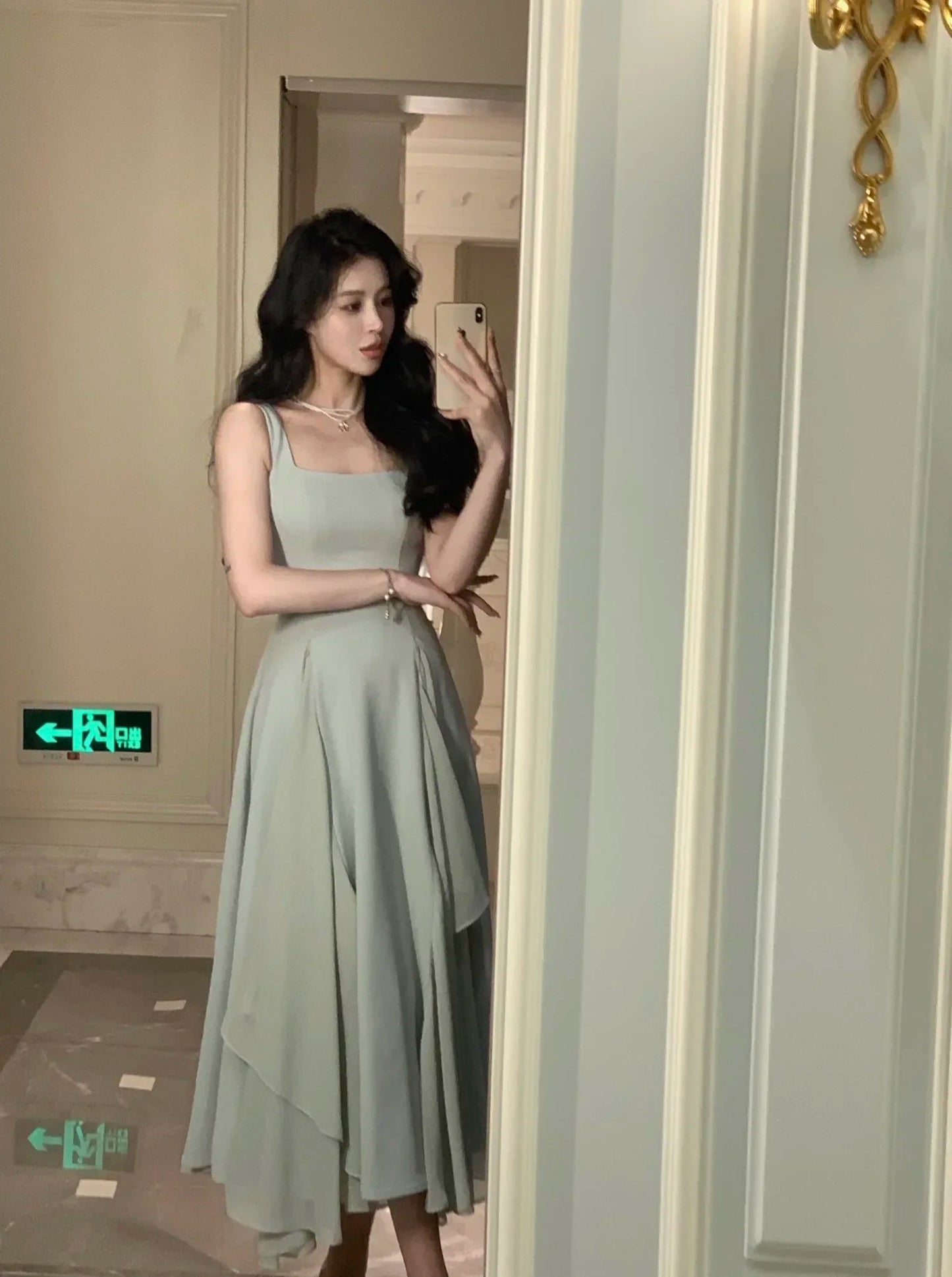 Women's Luxury Elegant Sleeveless Ruffles Square Collar Sheath Dresses 2024 Summer Fairy Slim Fit Solid Color Camisole Dress