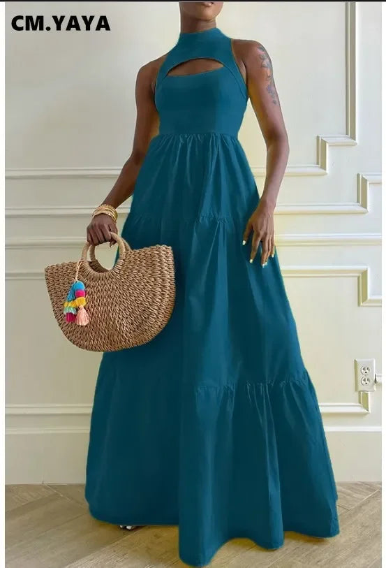 CM.YAYA Women Cutout Front Sleeveless Big Swing Floor Length Maxi Dress 2023 Autumn Street Evening Vestidos Sexy Party Dresses