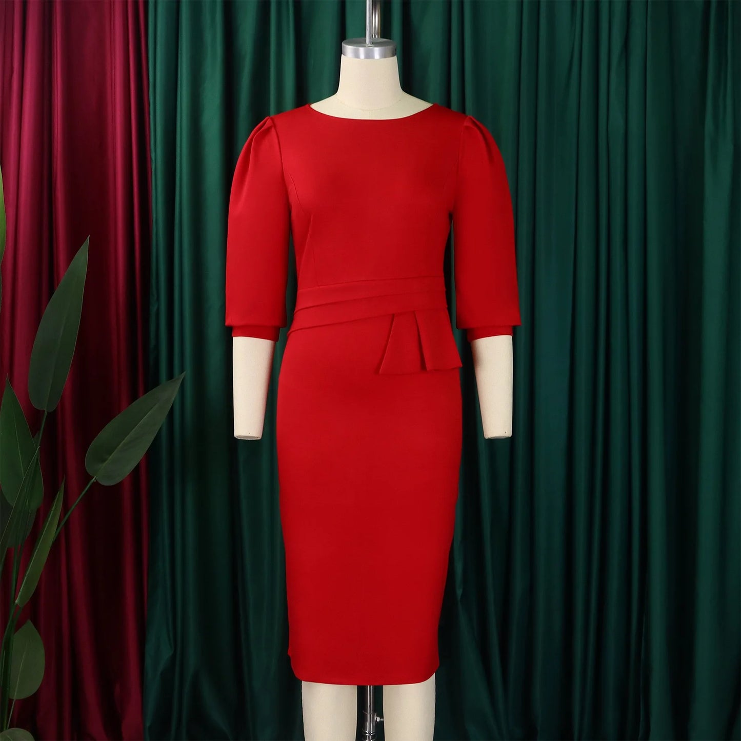 Elegant Office Dresses For Women Turn Down Collar Single Breasted Three Quarter Sleeve Belt Waisted Mermaid Dress Midi Clothes