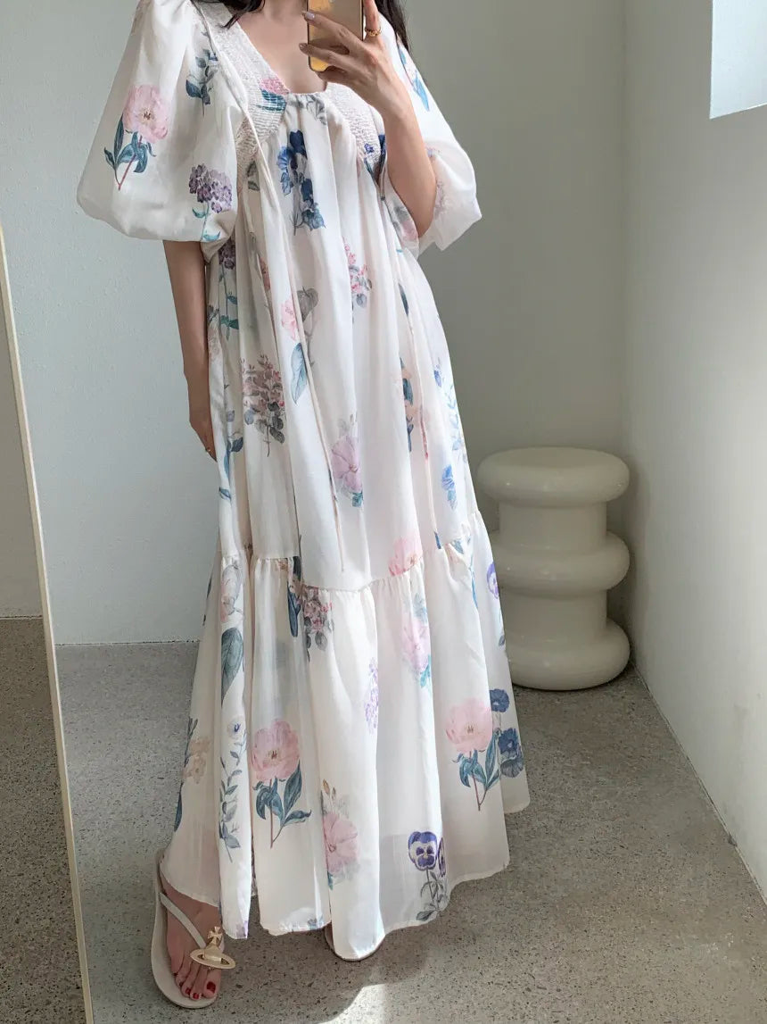 Vintage Fashion Printing Dress Cotton Linen Large Hem Loose Design V-neck Short Sleeves Women Dresses