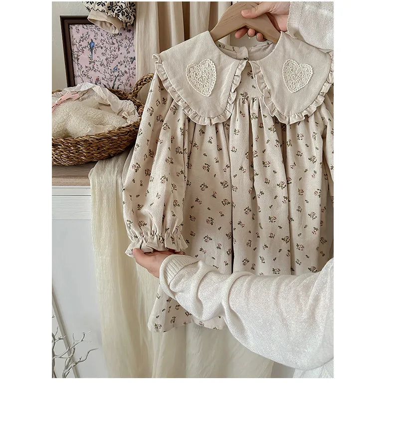 Spring Kids Baby Girls Sister Clothes Flower Print Princess Dress Autumn Baby Girls Doll Collar Dress Children Clothes Dress ﻿