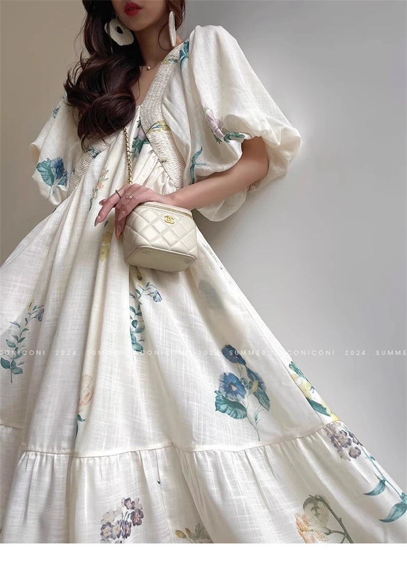 Vintage Fashion Printing Dress Cotton Linen Large Hem Loose Design V-neck Short Sleeves Women Dresses