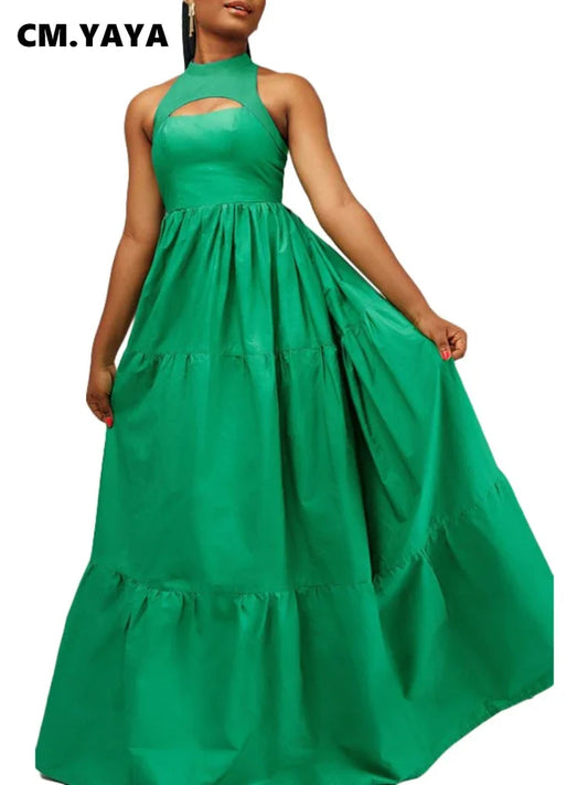 CM.YAYA Women Cutout Front Sleeveless Big Swing Floor Length Maxi Dress 2023 Autumn Street Evening Vestidos Sexy Party Dresses